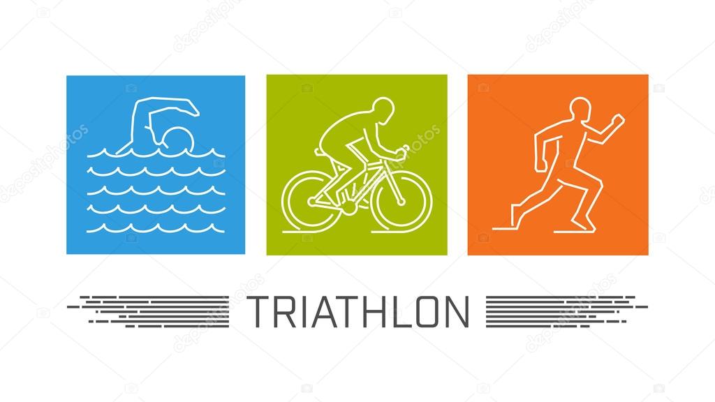 Vector set of silhouettes of athlete. Outline figure triathlete. Stylish logo for triathlon on white background. Modern vector symbol for triathlon.