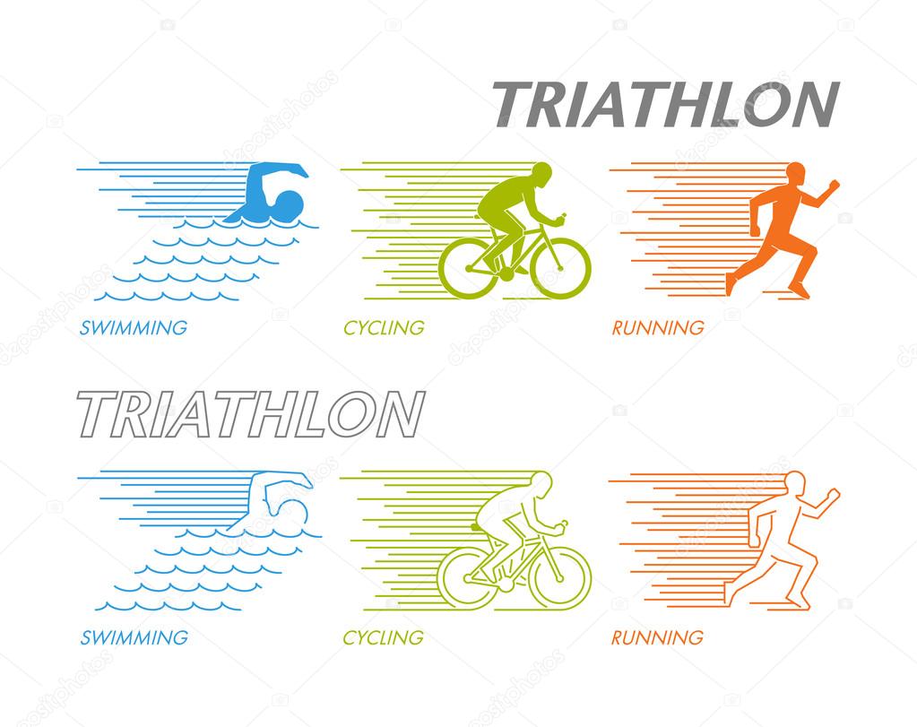 Colored set of silhouettes of athlete. Linear figure triathlete. Cool logo for triathlon on white background. Modern symbol for triathlon.