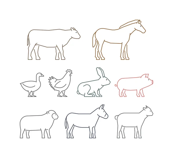 Vector line set of farm animals — Stock Vector