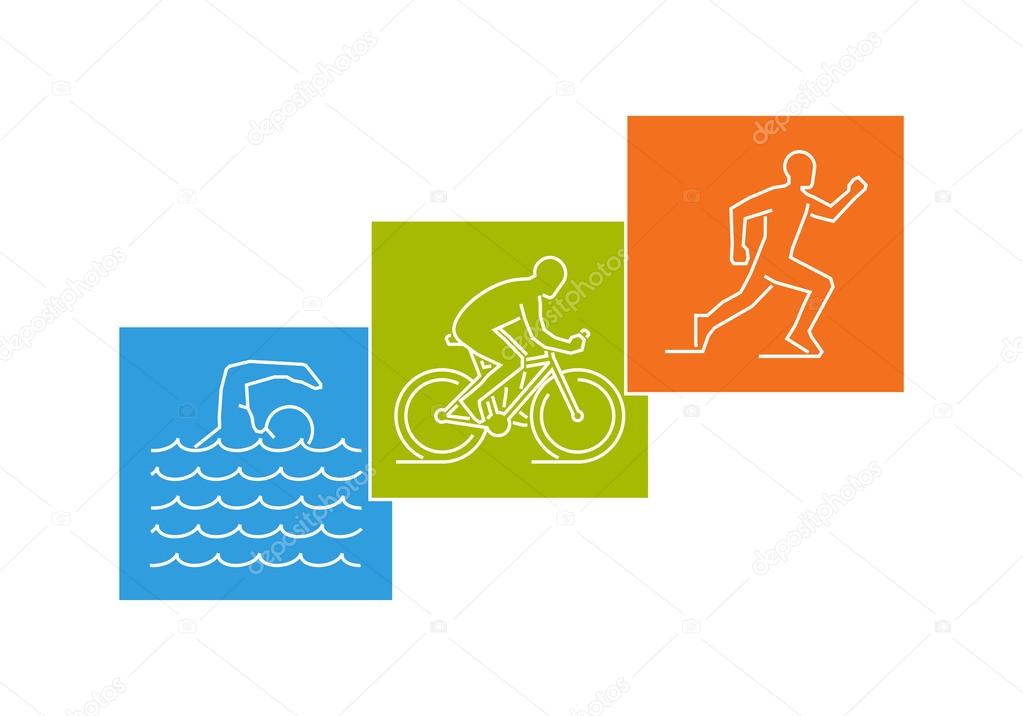 Stylish logo for triathlon on white background. Vector set of silhouettes of athlete. Outline figure triathlete. Modern vector symbol for triathlon.