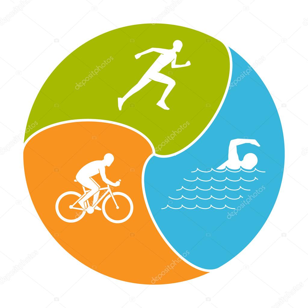 Vector set of silhouettes of athlete. Outline figure triathlete. Stylish logo for triathlon on white background. Modern vector symbol for triathlon.