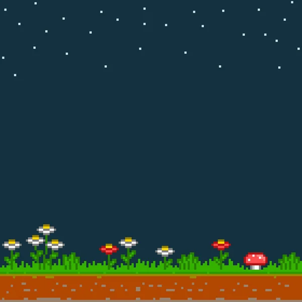 Pixel bakgrunden gräsmattan och stjärnklar natthimmel — Stock vektor