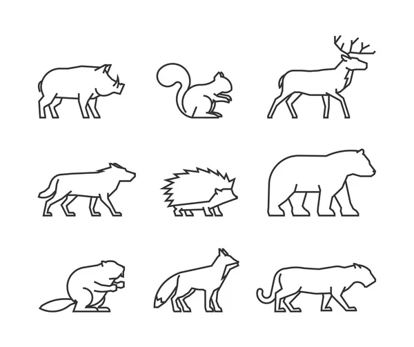 Icônes de ligne cool animaux de la forêt — Image vectorielle
