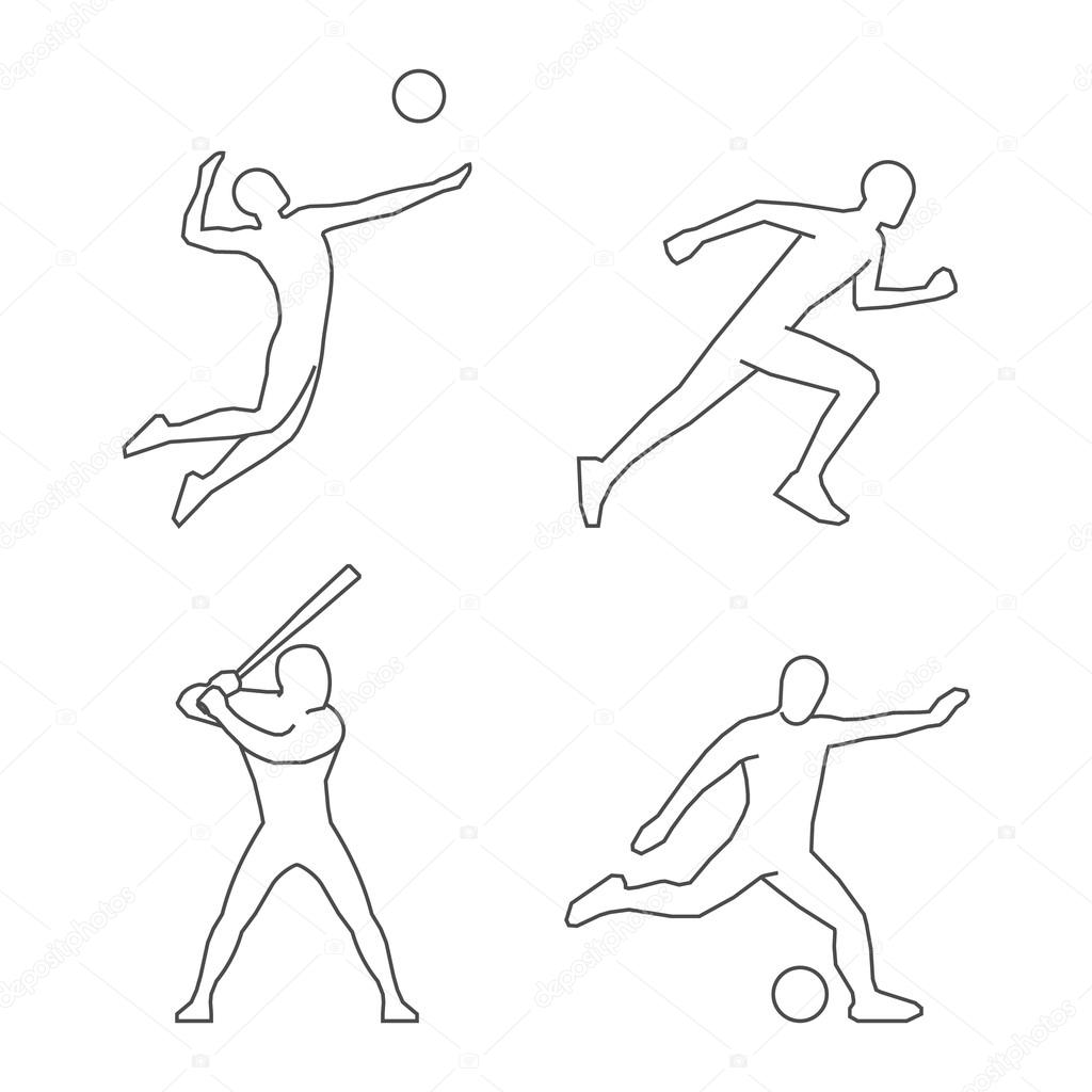 Vector black volleyball icon. Soccer players outline silhouette. Modern line running logo. Cool vector baseball player silhourttes.