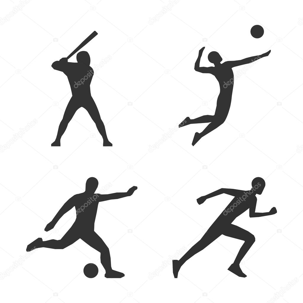 Vector black volleyball icon. Soccer players black silhouette. Modern running logo. Cool vector baseball player silhourttes.