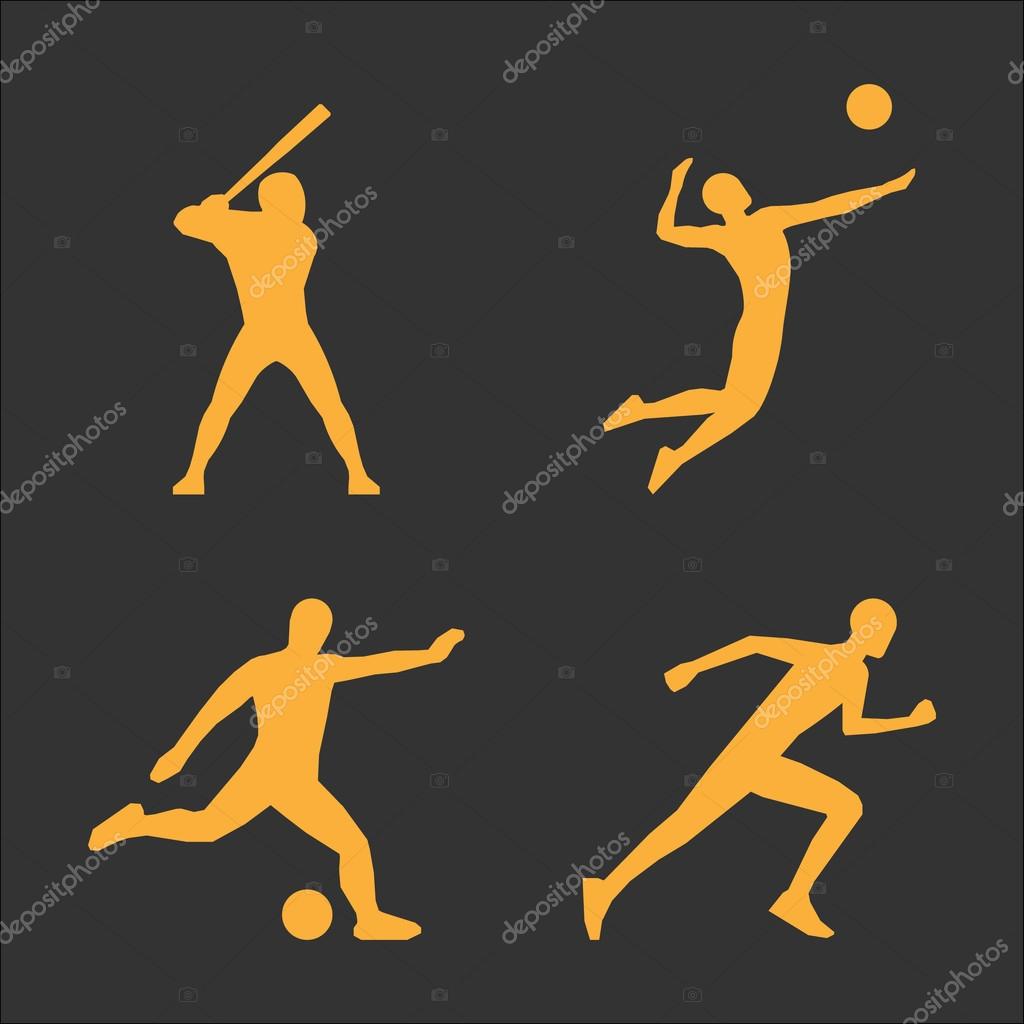 Gold volleyball icon. Modern running logo. Cool vector baseball player silhourttes. Soccer players gold silhouette.