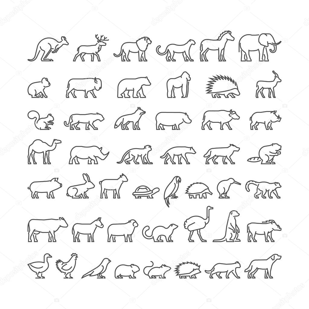 Vector linear set of silhouettes of domestic, farm, forest and wild animals. Line icon hedgehog, cat, dog, cow, ferret, lion, panther and others.