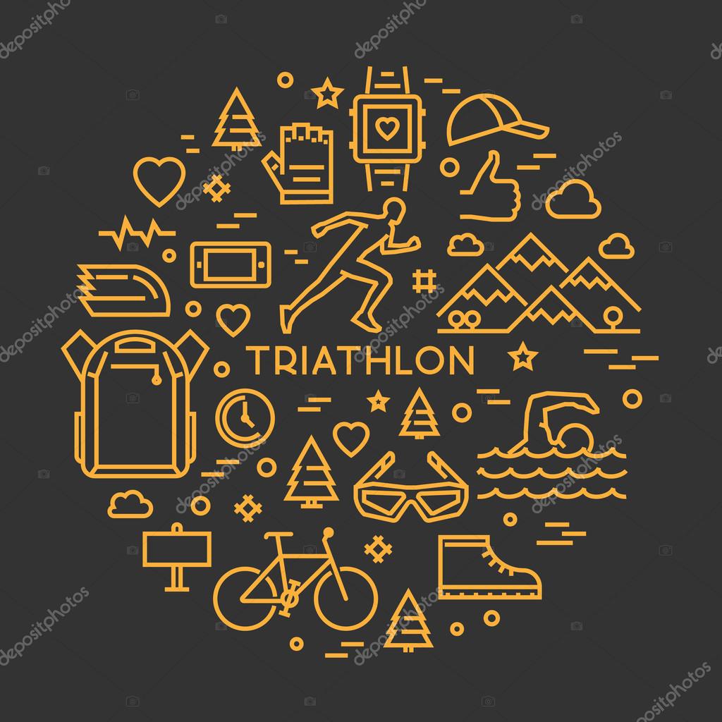 Vector linear prints on T-shirts for triathlon. Line round concept for triathlon. Open path.