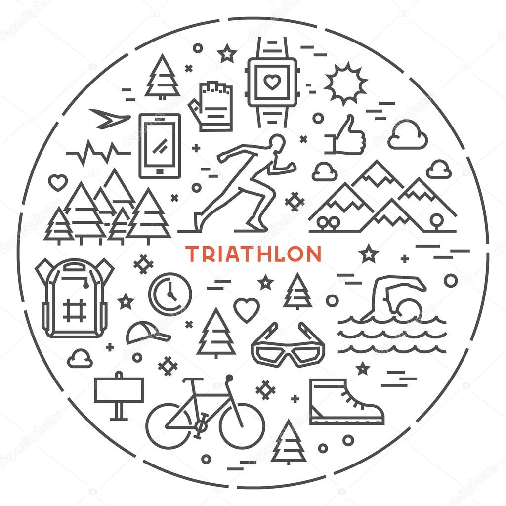 Line round concept for triathlon. Vector linear prints on T-shirts for triathlon. Open path.