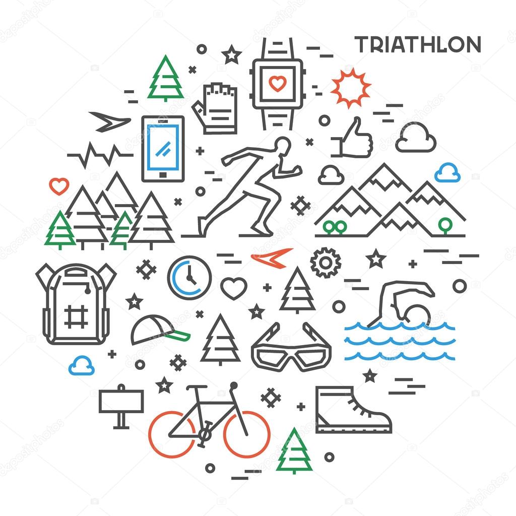 Line round concept for triathlon. Vector linear prints on T-shirts for triathlon. Open path.