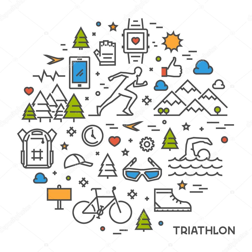 Line round concept for triathlon. Vector linear prints on T-shirts for triathlon. Open path.