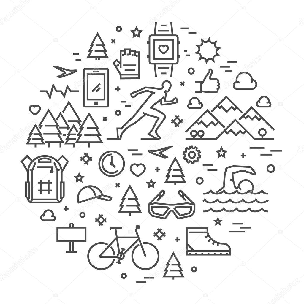 Line round concept for triathlon. Vector linear prints on T-shirts for triathlon. Open path.