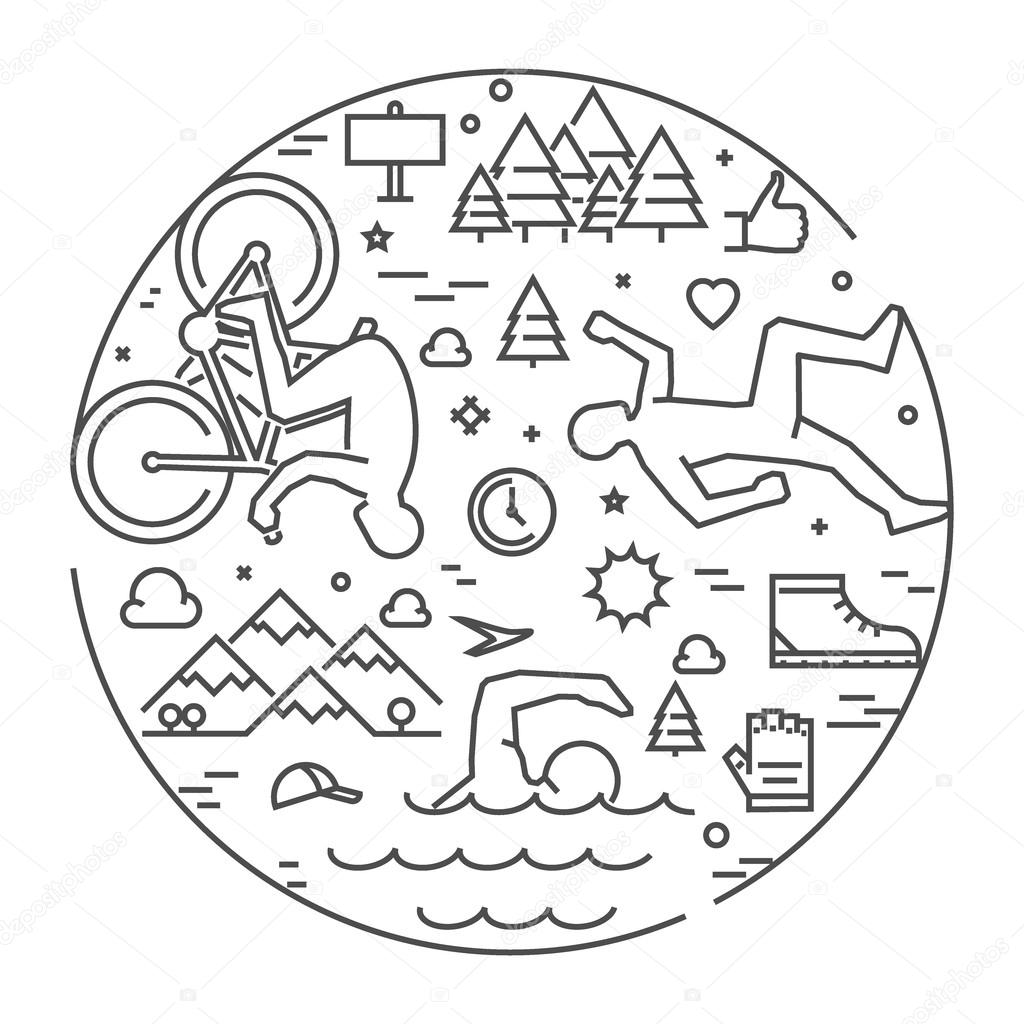 Linear concept for triathlon. Vector line round banner triathlon for web. Open path.
