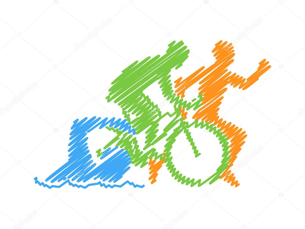 Vector line design concept for triathlon. Colored linear silhouette triathlete. Open path.