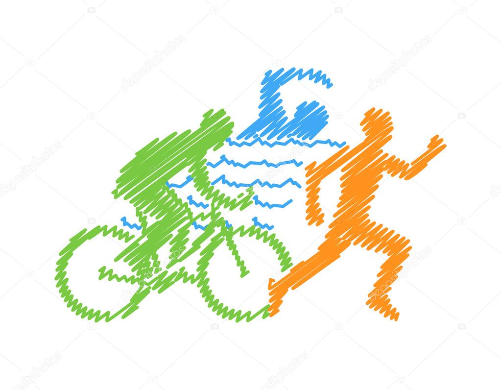 Vector line design concept for triathlon. Colored linear silhouette triathlete. Open path.