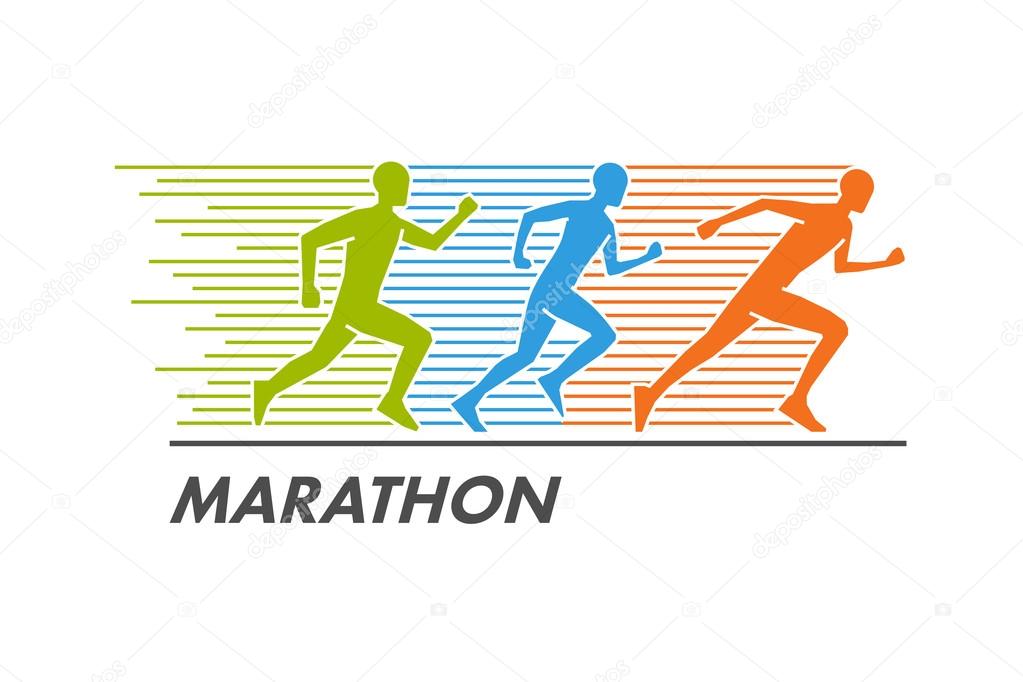Vector run and marathon logo. Line silhouettes of marathoners.