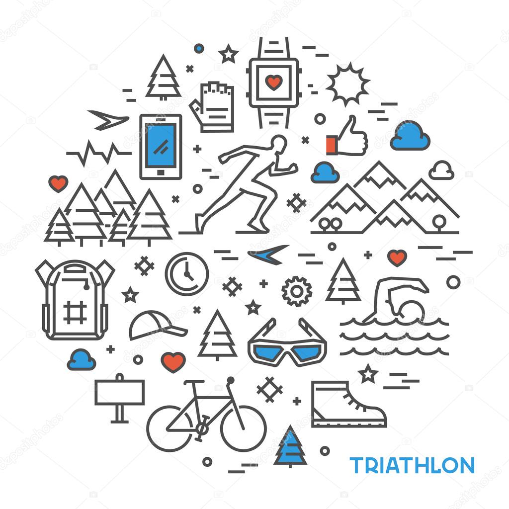Line round concept for triathlon. Vector linear prints on T-shirts for triathlon. Open path.