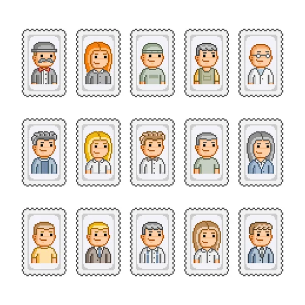 Pixel stamps and people — Stock Vector