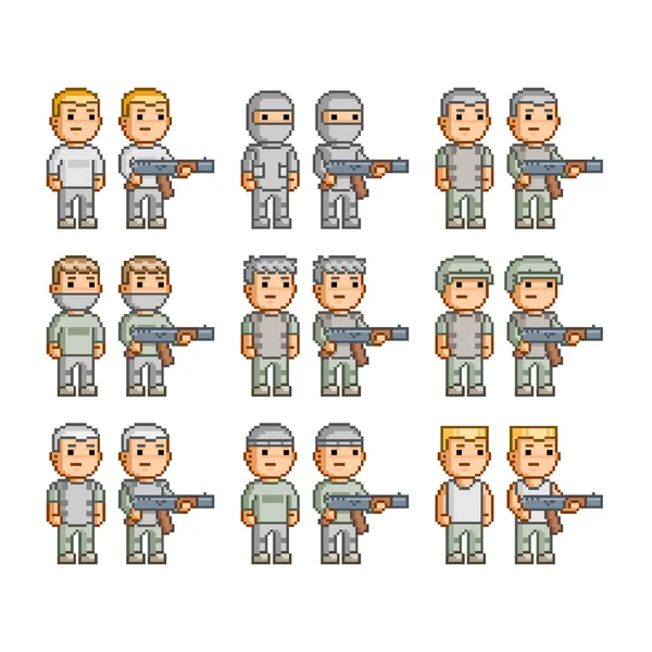 Pixel art collection of soldiers — Stock Vector