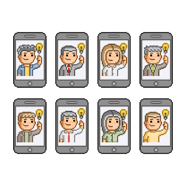 Pixel art set persone comunicare su smartphone — Vettoriale Stock
