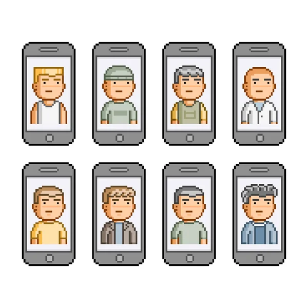 Pixel art set. People communicate on smartphones — Stock Vector