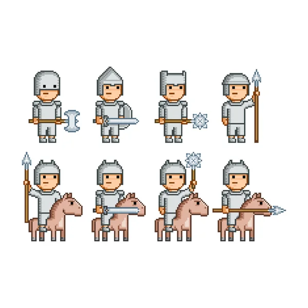 Pixel art army of knights and horsemen — Stock Vector