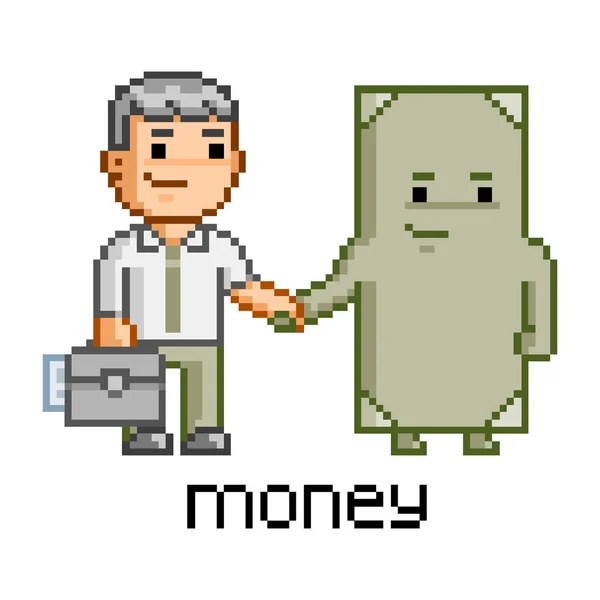 Pixel Art Geschäftsmann und Geld — Stockvektor