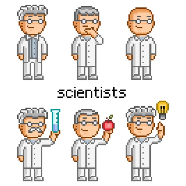 Vector pixel art scientist. Doctor, professor, teacher and chemi — Stock Vector