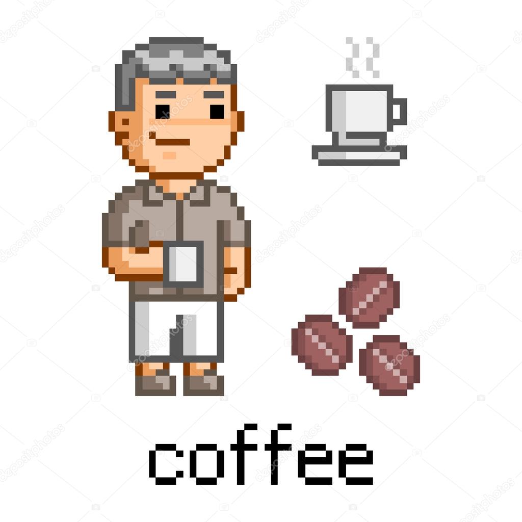 Pixel art man and a mug of coffee