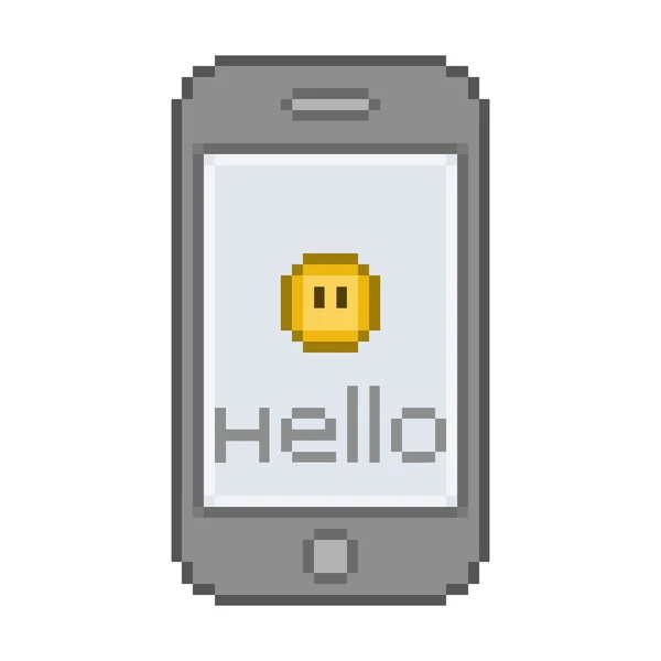 Pixel smartphone, engraçado Olá mensagem com um sorriso —  Vetores de Stock