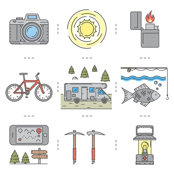 Conjunto de iconos de la línea de senderismo, camping y turismo — Archivo Imágenes Vectoriales