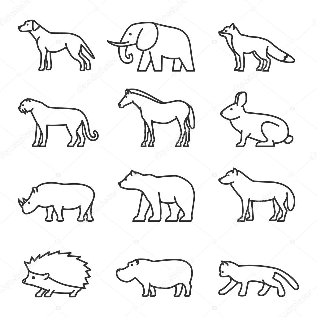 Outline icon animals set. Domestic and wild. Vector line silhouette. Dog, cat, bear, fox, lion, horse, rabbit, rhino, bear and wolf.