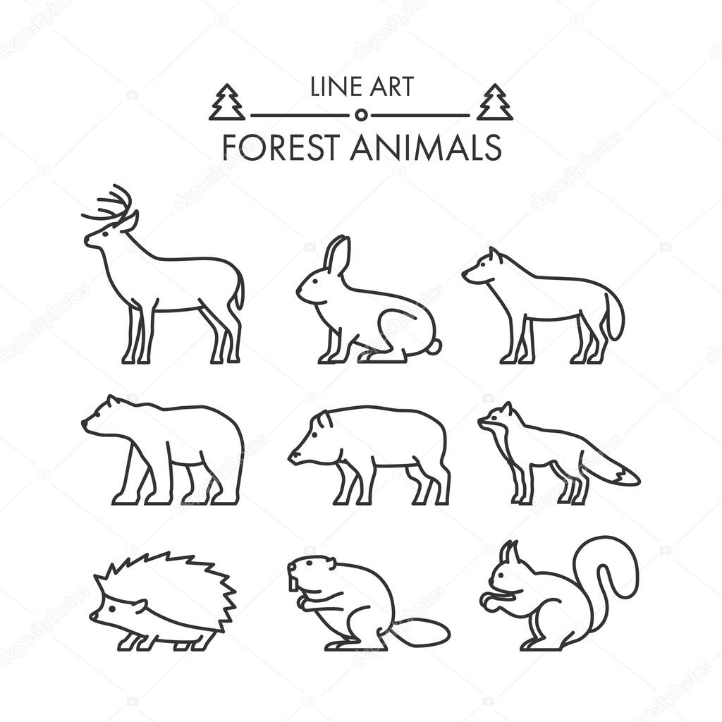 Outline figures of forest animals. Vector figures icon set. Vector deer, rabbit, wolf, bear, boar, fox, squirrel, beaver and hedgehog