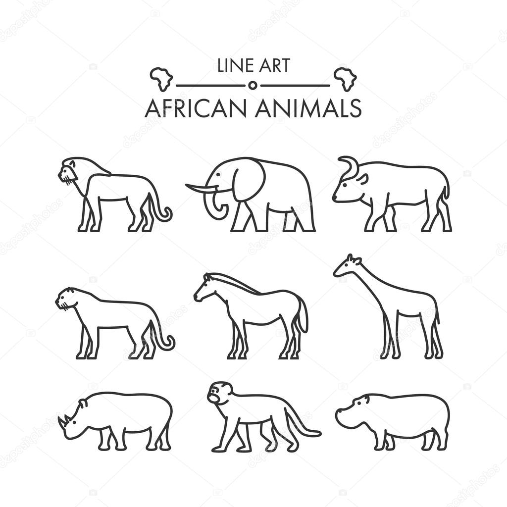 Outline figures of african animals. Vector figures icon set. Vector lion, cheetah, leopard, elephant, buffalo, giraffe, zebra, rhino, monkey and hippo