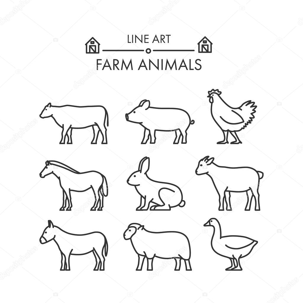 Outline figures of farm animals. Vector figures icon set. Vector cow, pig, chicken, horse, rabbit, goat, donkey, sheep and geese