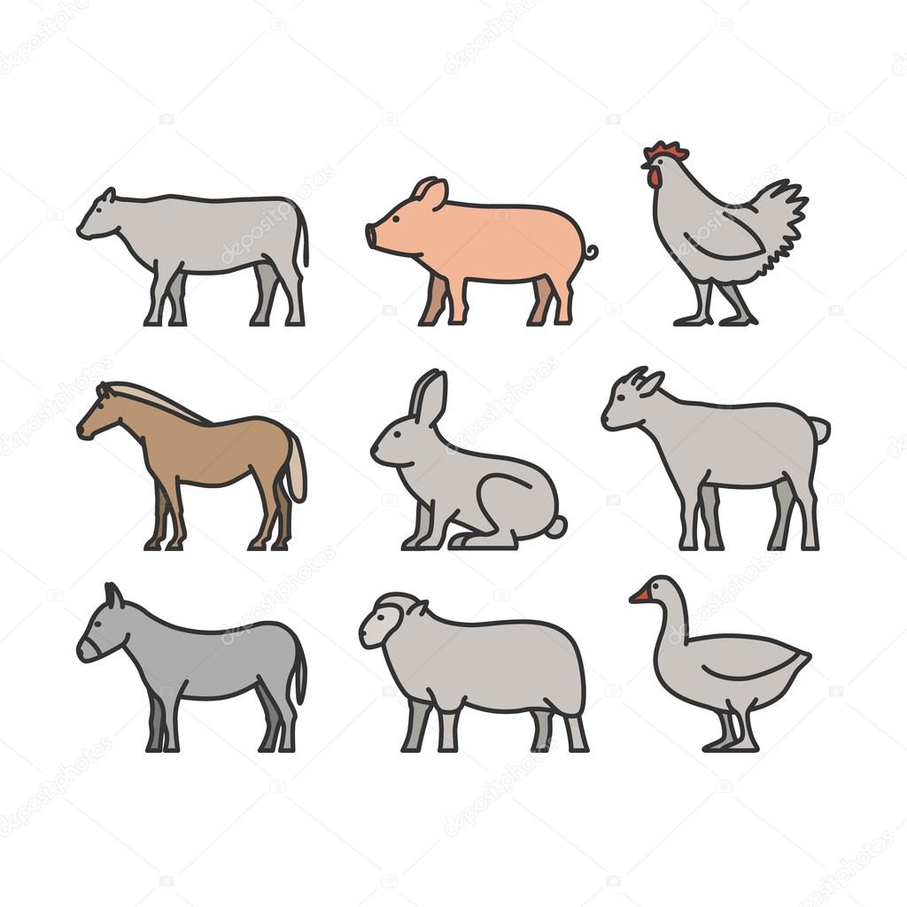 Painted outline figures of farm animals. Vector figures icon set. Vector cow, pig, chicken, horse, rabbit, goat, donkey, sheep and geese