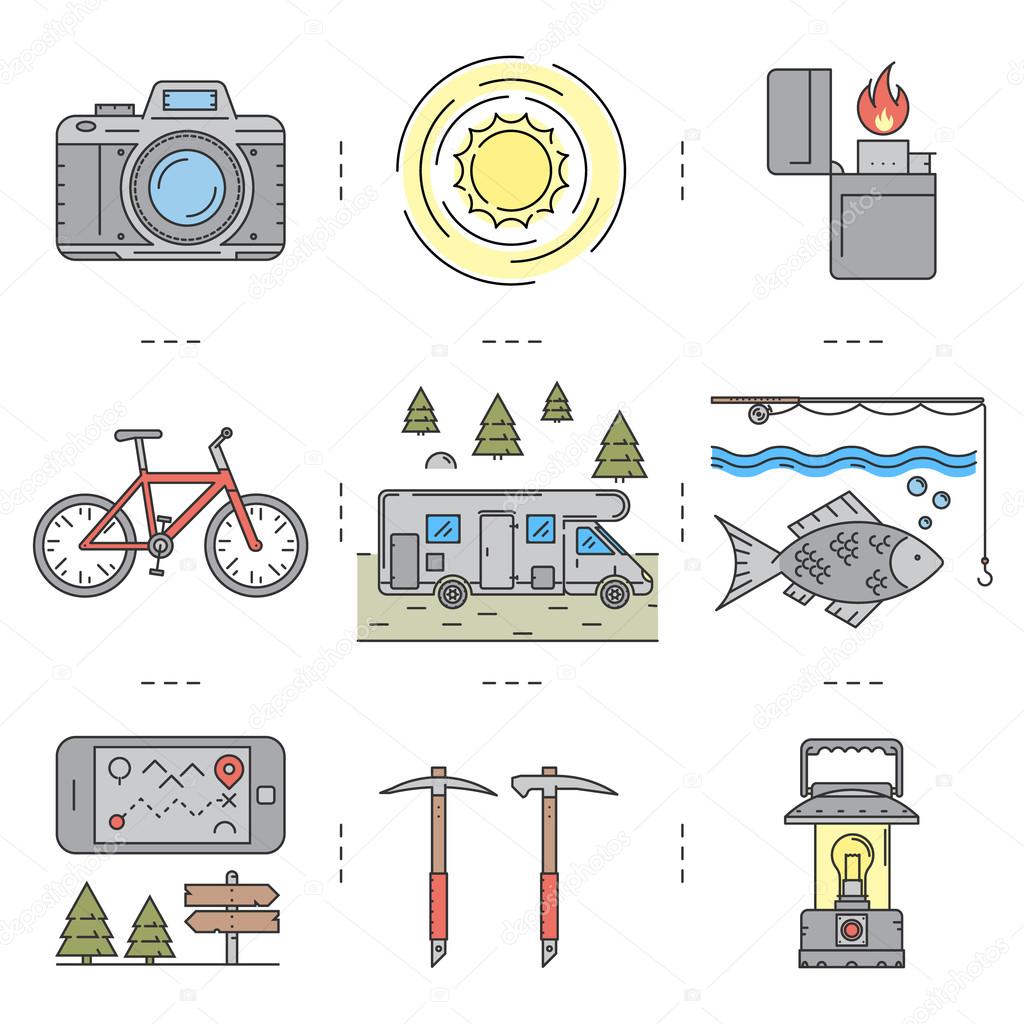 Line icons set of hiking, camping and tourism