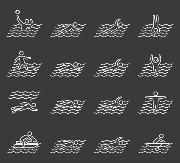 Iconos lineales nadando. Conjunto de figuras nadadoras — Vector de stock