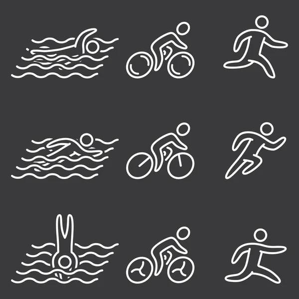 Linear of figures triathlon athletes. Swimming, cycling and runn — Stock Vector