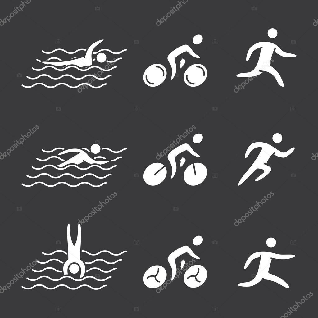 Silhouettes of figures triathlon athletes. Swimming, cycling and running vector symbols.