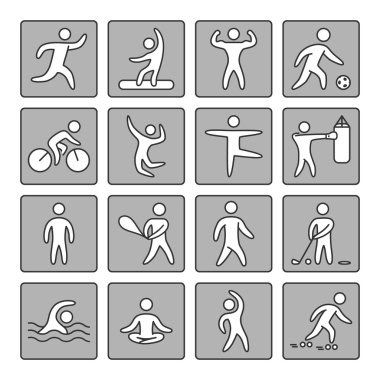 Popüler spor için doğrusal simgeler kümesi. Vektör şekilleri sporcular