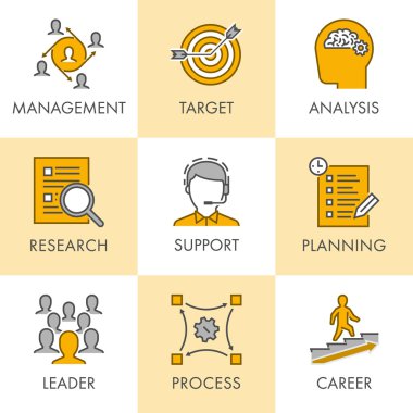 Doğrusal iş ikonları/simgeleri. Yönetim, hedef, analiz, araştırma, s