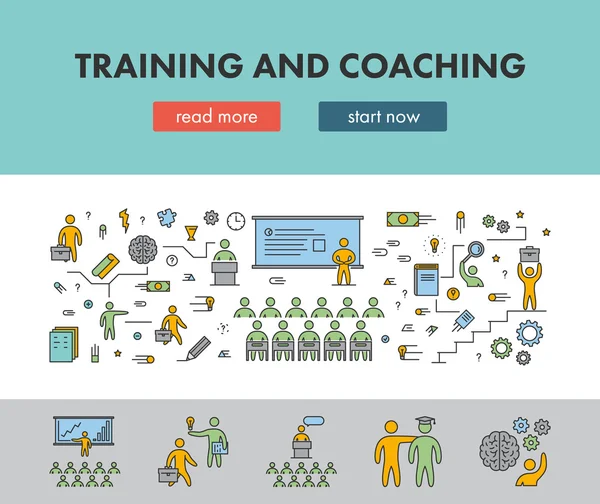 Concetto banner di progettazione di linee per formazione e coaching — Vettoriale Stock