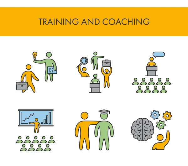 Linia ikon dla szkolenia i coaching. Wektor zestaw liniowej — Wektor stockowy