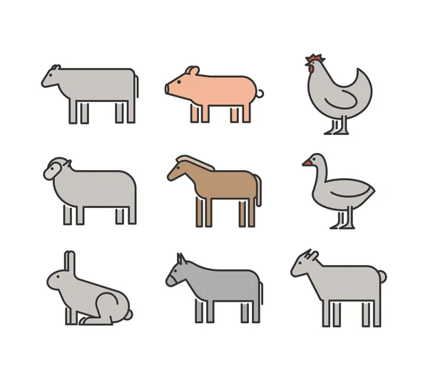 Esquema de figuras de animales de granja. Vector figuras icono conjunto — Archivo Imágenes Vectoriales