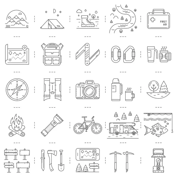 Set ikon baris berkemah, hiking dan pariwisata Stok Ilustrasi 