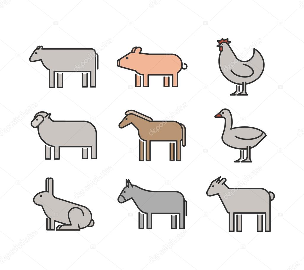 Outline figures of farm animals. Vector figures icon set. Vector cow, pig, chicken, horse, rabbit, goat, donkey, sheep and geese