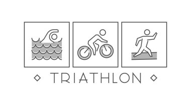 Çizgi ve düz triatlon logosu. Yüzme, Bisiklet ve simgesi çalışan