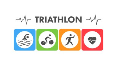 Çizgi ve düz triatlon logosu. Yüzme, Bisiklet ve simgesi çalışan