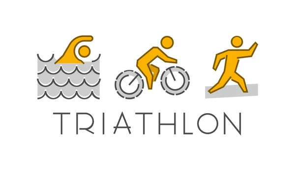 Linha e logotipo triatlo plana. Ícone de natação, ciclismo e corrida — Vetor de Stock